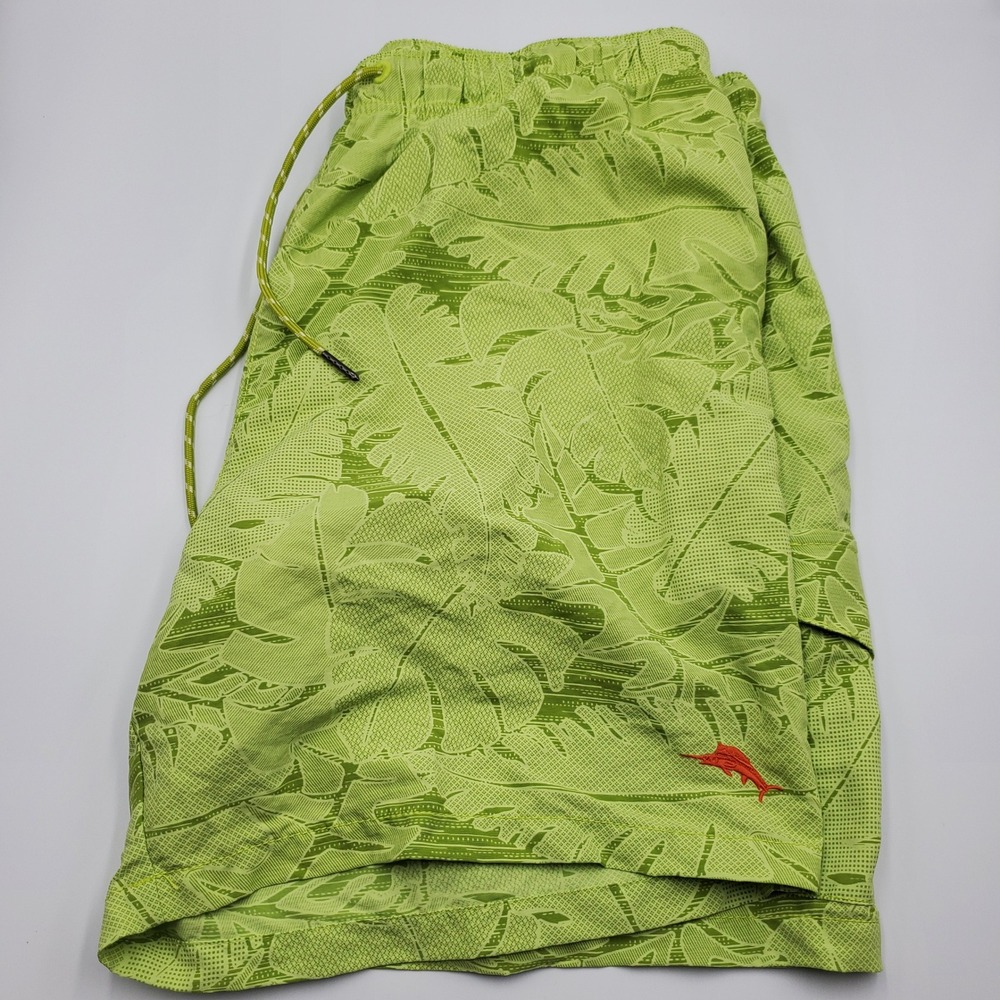 Tommy Bahama Relax Mens L Lime Green Tropical Leaf Print Mesh Lined Swim Trunks‎